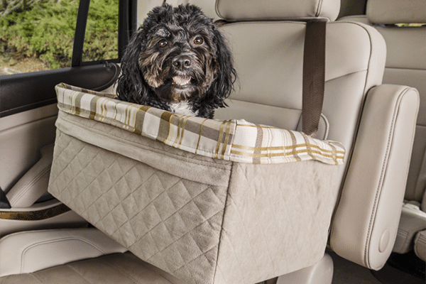 Dog in a Happy Ride Quilted Booster Car Seat | Best Car Seats for Dogs 2021