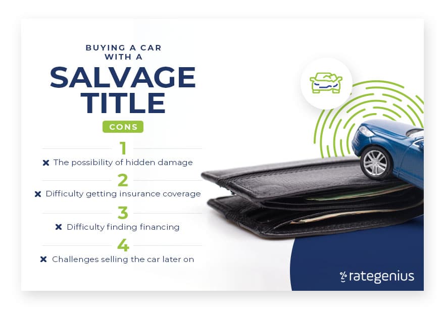 Infographic with cons of buying a car with a salvage title, also spelled out in text below