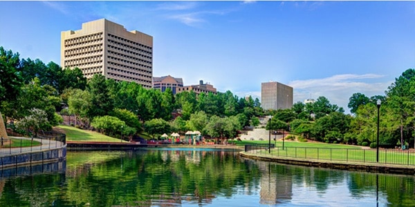 Look out over water at Columbia, South Carolina high rise buildings