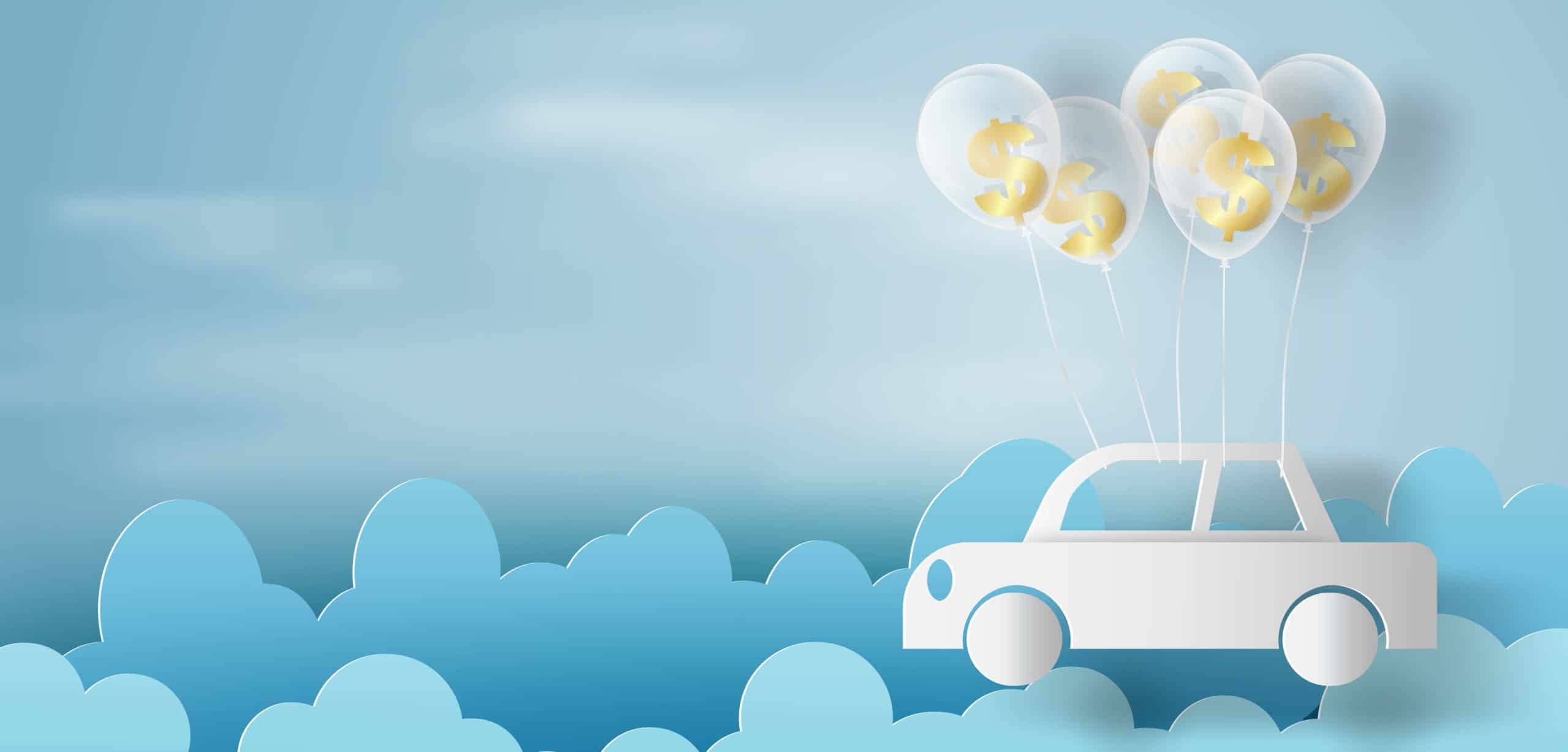 Cut out of a white paper car floating through the clouds with balloons filled with dollar signs | What Is a Balloon Payment Car Loan?