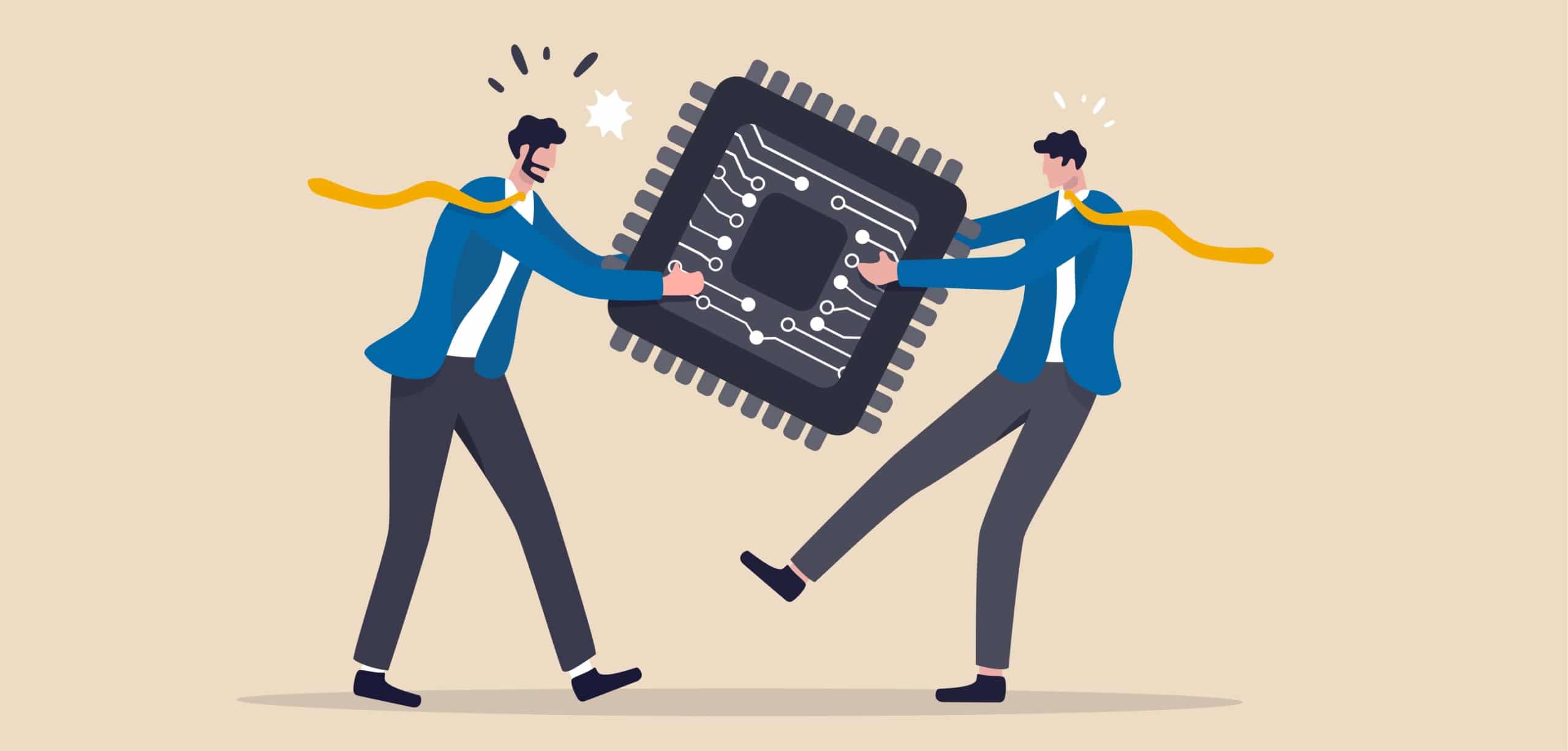 Illustration of two men fighting over a enlarged semiconductor chip | Chip Shortage explained
