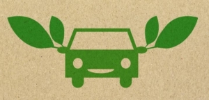 Graphic of a car with leaves coming off the mirrors to signify that it is eco-friendly