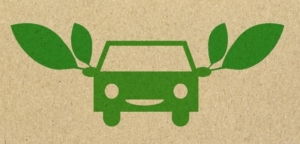 Graphic of a car with leaves coming off the mirrors to signify that it is eco-friendly