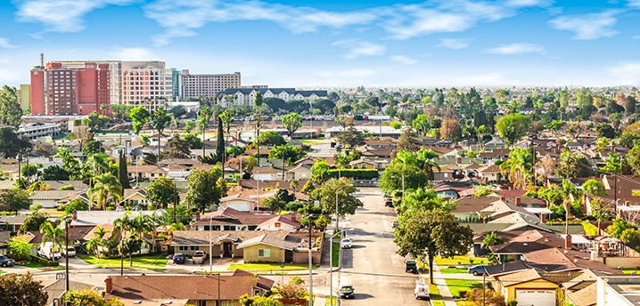 Panoramic view of a neighborhood in Anaheim, Orange County, California