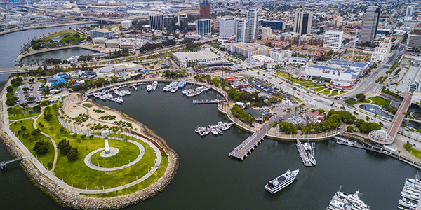 Arial view of Rainbow Harbor in Long Beach, California | Cities With the Best and Worst Interest Rates 
