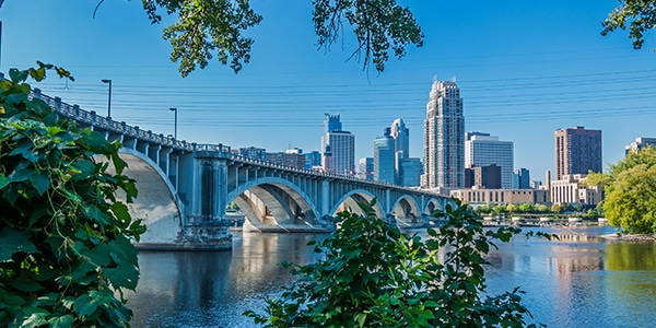 View of downtown from the Third Avenue Bridge, Minneapolis, MN