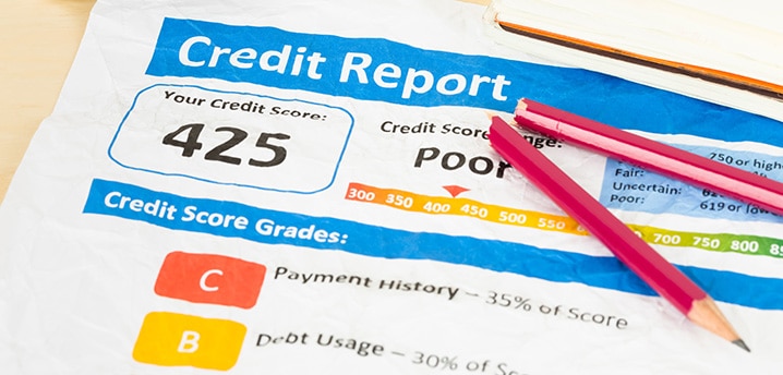 Close-up of a credit report with a 425 credit score reading 
