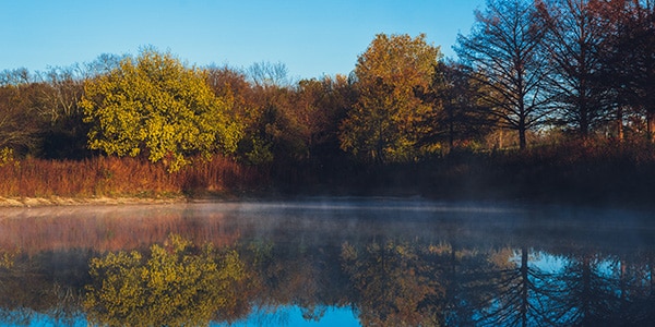 Duck Creek Park in Garland Texas, with trees reflecting into the water