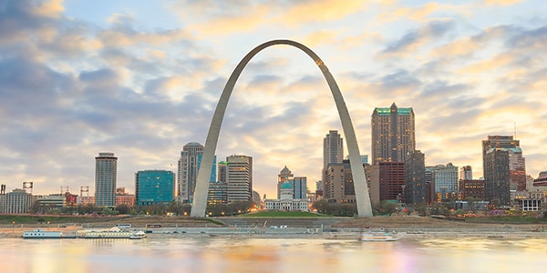 The Gateway Arch in St. Louis, Missouri with the skyline in the background