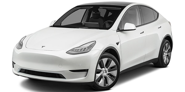 Front and side view of a white 2022 Tesla Model Y