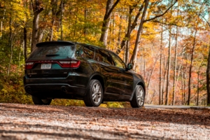 black suv in woods changing into fall colors