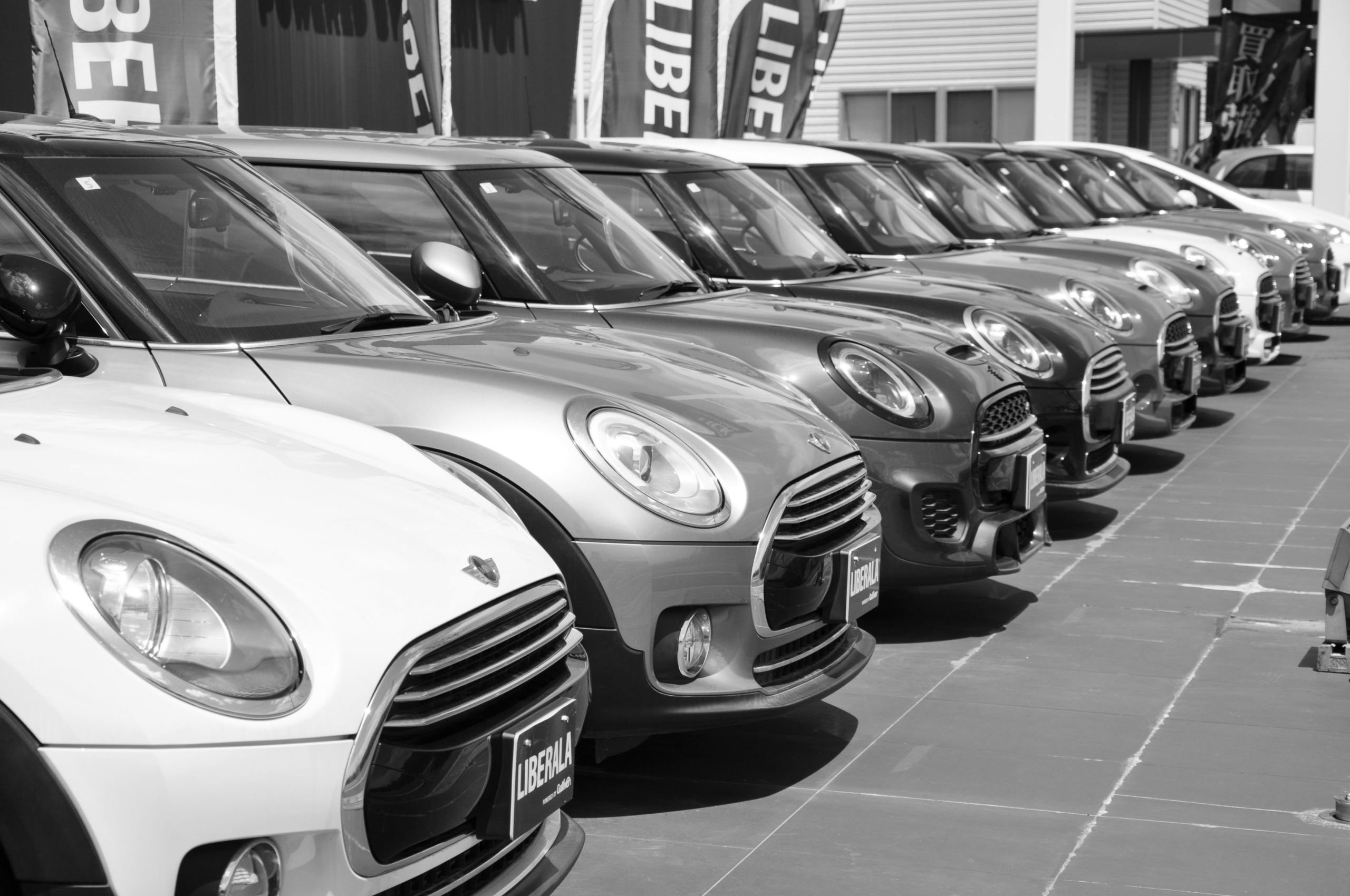 Black and white photo of mini cooper cars lined up at dealership