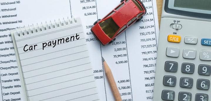monthly car payment schedule, with toy car and calculator