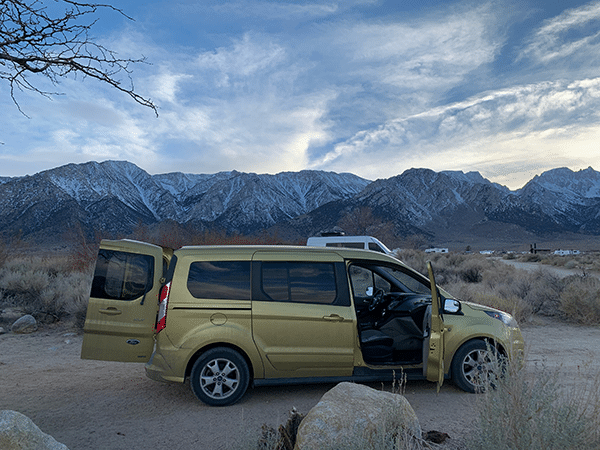 Van life camping view of mountains in California | Can You Road Trip While Working Remote?